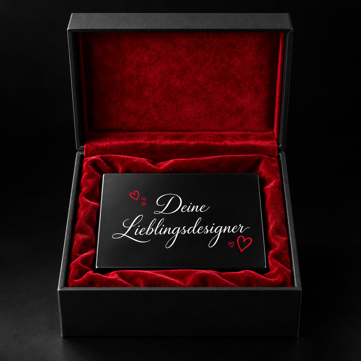 Edle schwarze Geschenkbox mit rotem Innenleben und personalisiertem Schild
