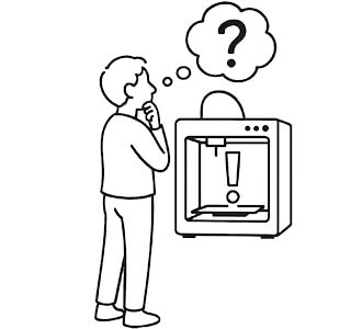 Nachdenkliche Person vor 3D-Drucker mit Ausrufezeichen – Symbol für personalisierte 3D-Geschenkideen und individuelle Sonderanfertigungen.