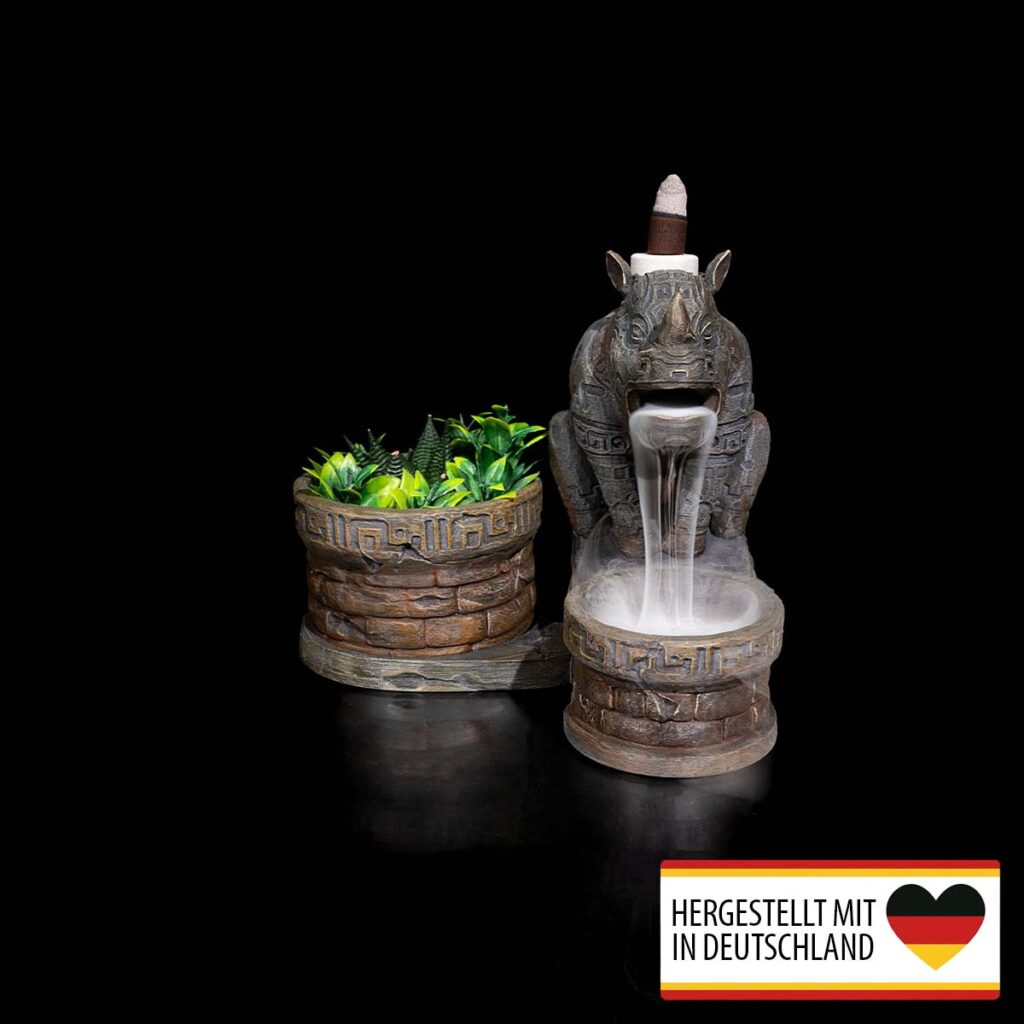 Backflow Räucherkegel Schrein mit Nashornfigur und Rauchfluss