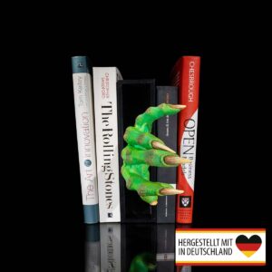 Frontansicht der handbemalten Buchstütze Monster Hand mit grüner Haut im Büecherregal.
