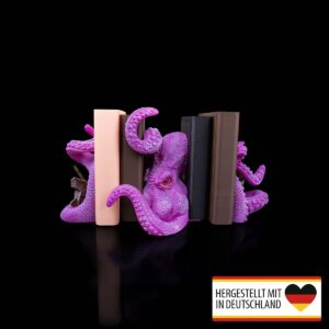 Buchstütze Oktopus aus PLA, farbig im 3D-Druck mit Büchern dargestellt