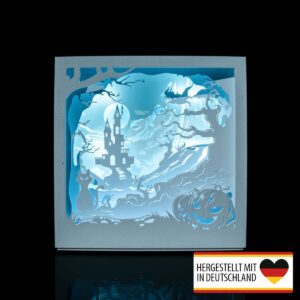 Vorderansicht des Diorama Halloween Schloss mit beleuchteter Silhouetten-Szene.