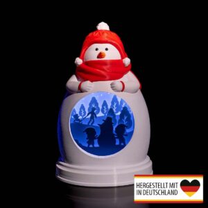 Beleuchtetes Diorama Schneemann mit winterlicher Silhouetten-Szene und LED-Licht.