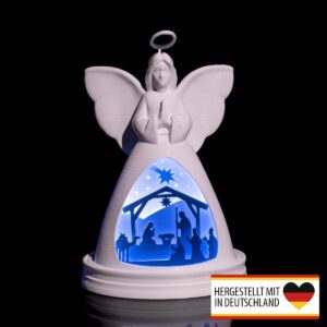 Beleuchteter Diorama Weihnachtsengel mit blauer Krippenszene, nachhaltig im 3D-Druck aus Deutschland gefertigt.