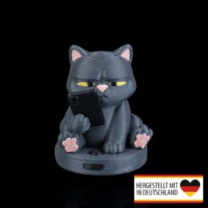 Vorderansicht der grauen Katzenfigur mit Handy.