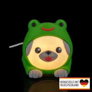 Kinderzimmerlampe „Frops“ als Mops im Froschkostüm mit warmweißem Nachtlicht