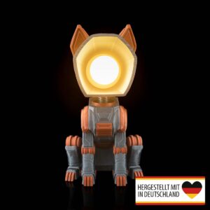Frontansicht der Mecha Hund Kinderzimmerlampe mit warmweißem Licht