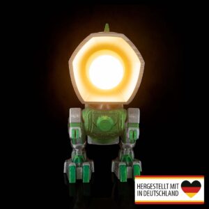 Frontansicht der Kinderzimmerlampe T-Rex mit mechanischem Design und warmem Lichtv