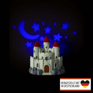 Wandlampe Kinderzimmer Schloss mit blauer Mond-und-Sterne-Projektion aus 3D-Druck.