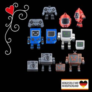 Sechs kreative Retro-Roboter-Figuren aus nachhaltigem PLA